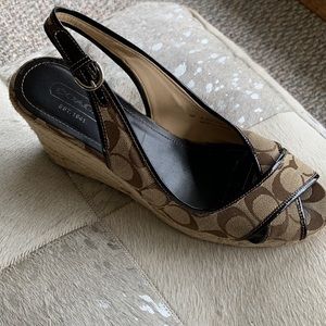 Vintage Coach signature sling back espadrilles with brown patent leather trim.WB